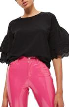 Women's Topshop Eyelet Layer Sleeve Tee T-shirt Us (fits Like 6-8) - Black