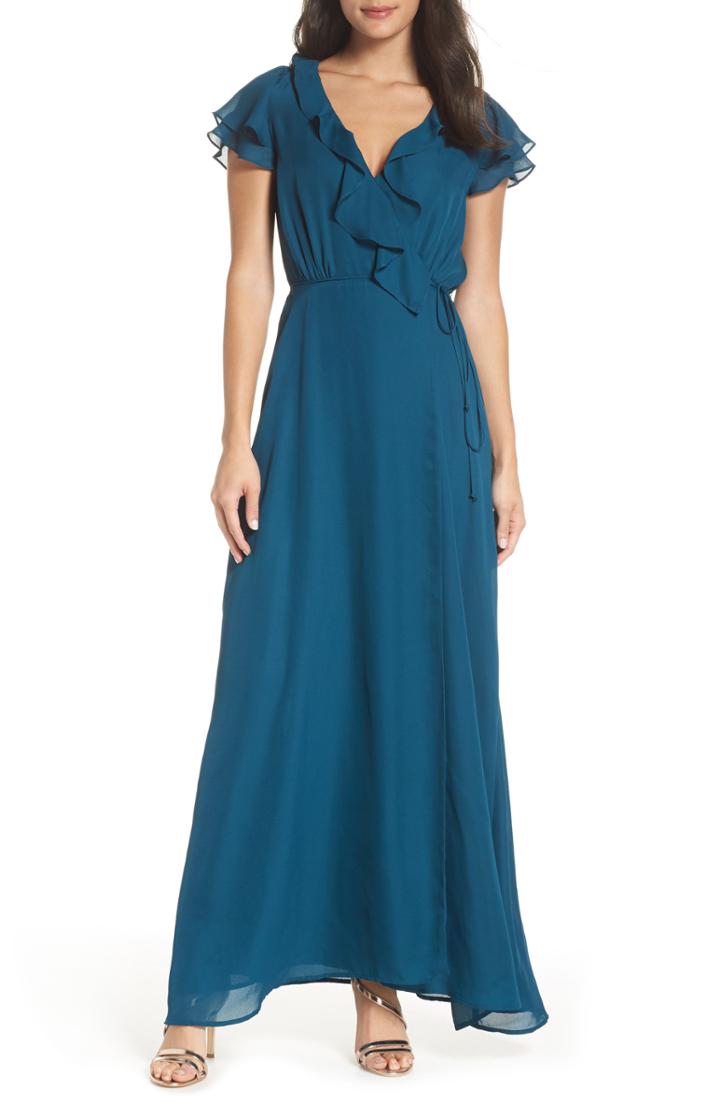Women's Wayf The Evaline Flutter Ruffle Wrap Gown - Blue/green