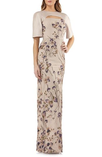 Women's Kay Unger Cutout Detail Embroidered Beaded Gown - Beige