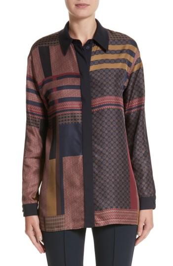 Women's Lafayette 148 New York Sabel Patchwork Silk Blouse, Size - Blue