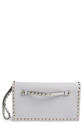 Valentino 'rockstud' Leather Flap Clutch - Grey
