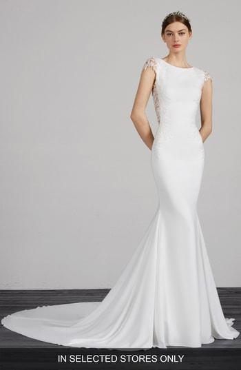 Women's Pronovias Melva Beaded Crepe Mermaid Gown