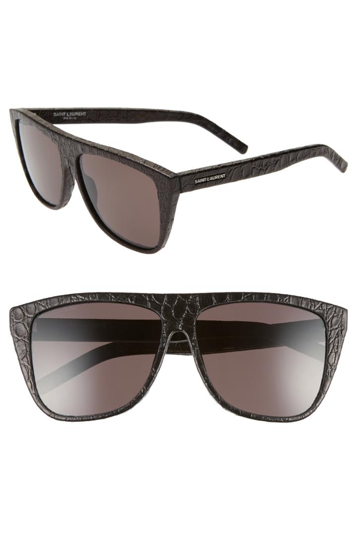 Women's Saint Laurent 59mm Leather Wrapped Flat Top Sunglasses - Black Croco