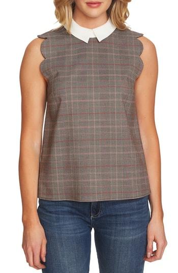 Women's Cece Scallop Edge Plaid Top, Size - Brown