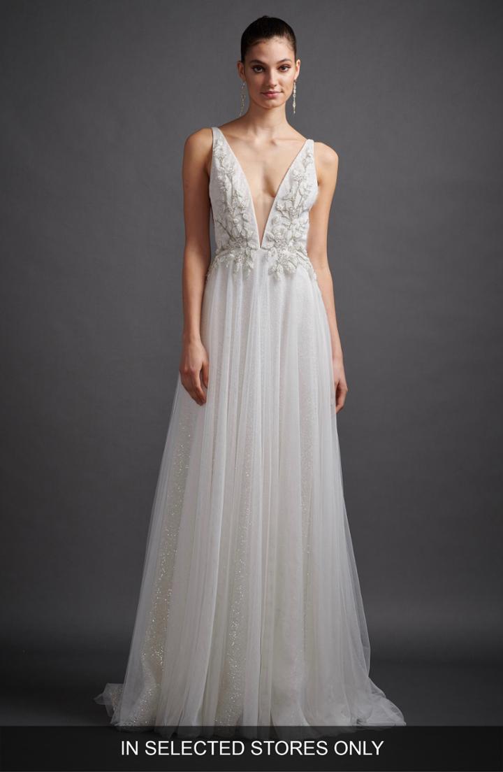Women's Lazaro Alma Beaded Metallic Tulle A-line Gown, Size In Store Only - Ivory