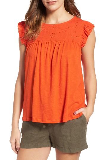 Women's Caslon Eyelet Embroidered Flutter Sleeve Top - Orange