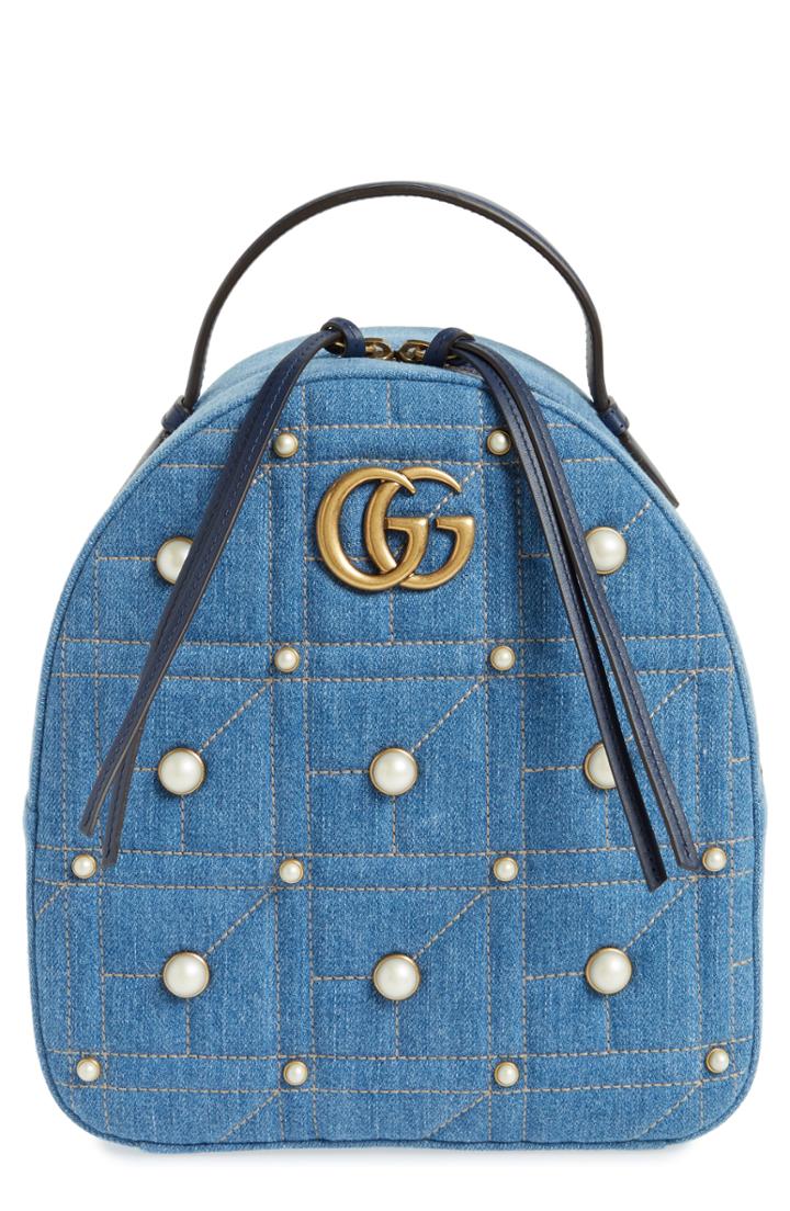Gucci Gg Marmont 2.0 Imitation Pearl Embellished Denim Backpack -
