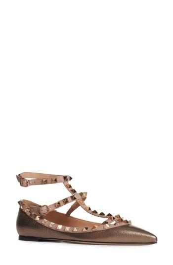 Women's Valentino Garavani 'rockstud' T-strap Flat Us / 36eu - Metallic