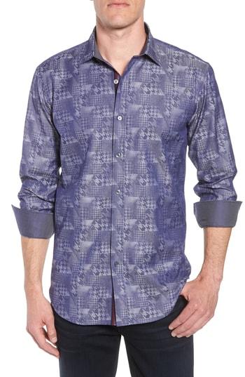 Men's Bugatchi Shaped Fit Glen Check Sport Shirt - Blue
