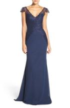 Women's Hayley Paige Occasions Cap Sleeve Lace & Chiffon Trumpet Gown