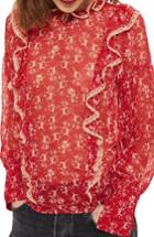Women's Topshop Floral Lace Ruffle Trim Top Us (fits Like 0) - Red
