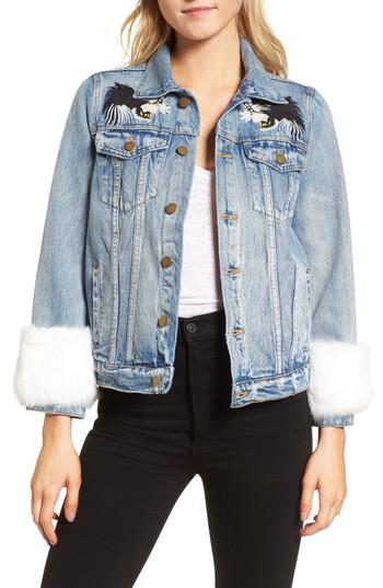 Women's Pam & Gela Denim Jacket With Genuine Rabbit Fur Trim, Size - Blue
