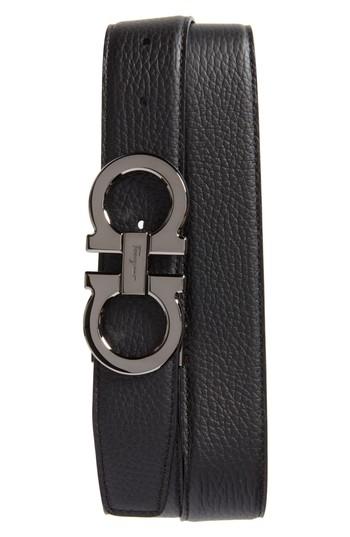Men's Salvatore Ferragamo Double Gancio Leather Belt - Black/ Blue Marine