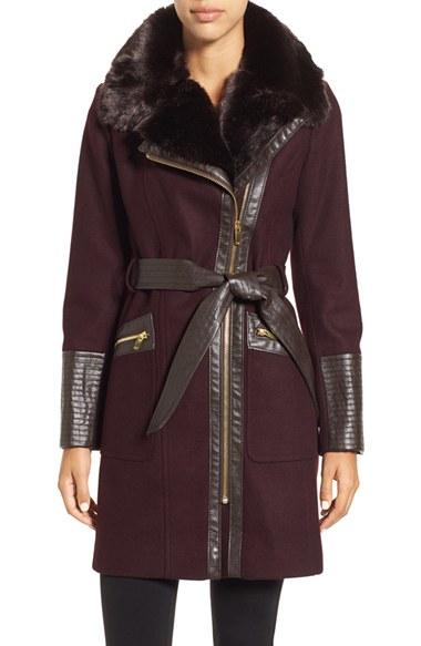 Women's Via Spiga Faux Leather & Faux Fur Trim Belted Wool Blend Coat - Red