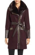 Women's Via Spiga Faux Leather & Faux Fur Trim Belted Wool Blend Coat - Red