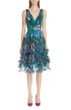 Women's Marchesa Notte Embellished Floral Print Organza A-line Dress - Blue/green