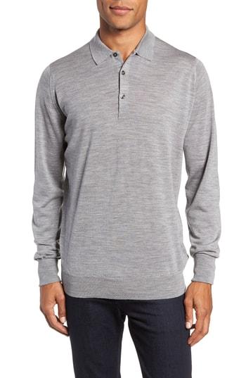 Men's John Smedley Slim Fit Long Sleeve Merino Polo, Size - Grey