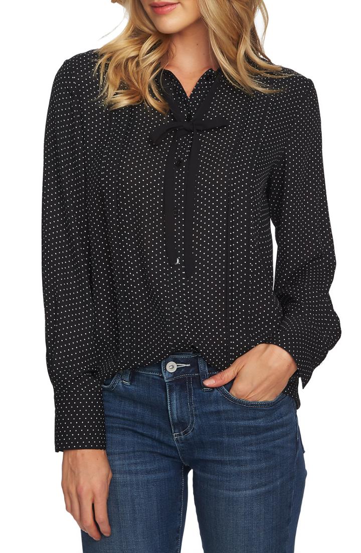 Women's Cece Refined Pin Dot Tie Neck Button-up Blouse - Black