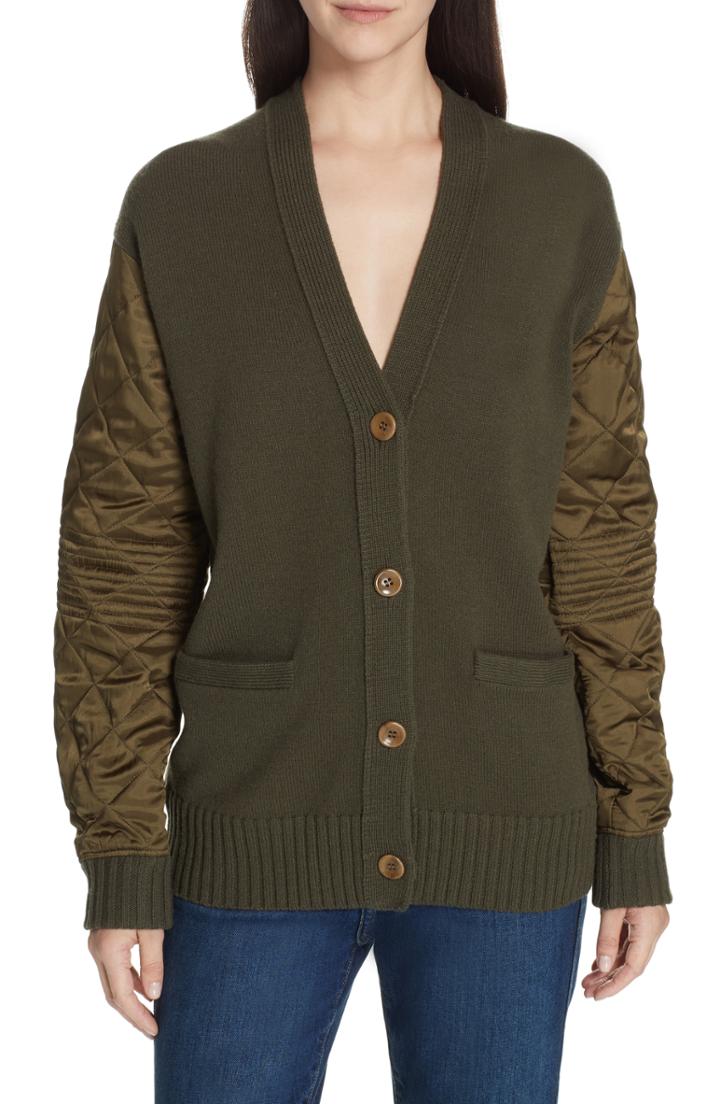 Women's Proenza Schouler Pswl Quilted Sleeve Merino Wool Cardigan - Green