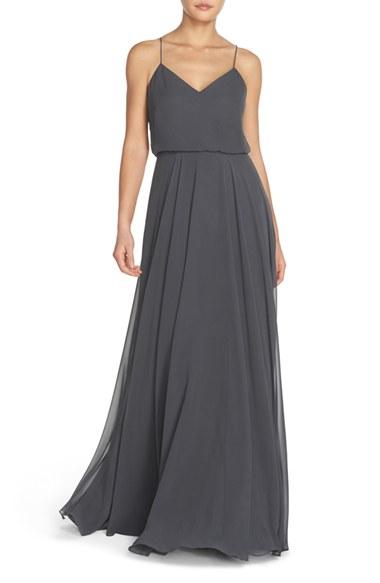 Women's Jenny Yoo Inesse Chiffon V-neck Spaghetti Strap Gown - Grey