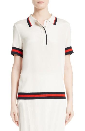 Women's St. John Collection Stretch Silk Crepe De Chine Stripe Polo