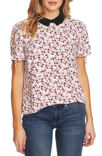 Women's Cece Victoria Contrast Collar Tie Sleeve Floral Blouse - Ivory
