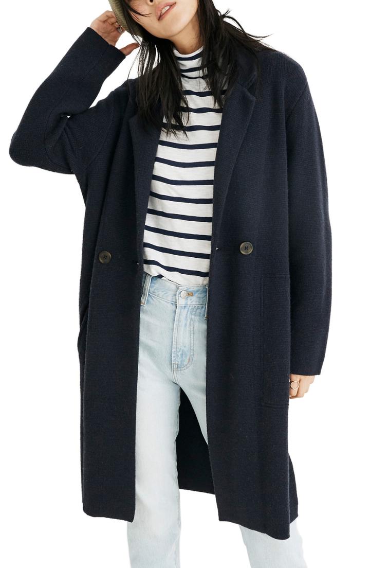 Women's Madewell Double Breasted Sweater Coat, Size - Blue