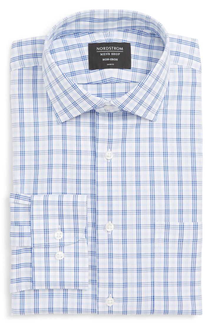 Men's Nordstrom Men's Shop Trim Fit Non-iron Check Dress Shirt .5 - 34/35 - Blue