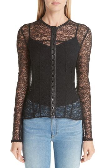 Women's Alexander Wang Leather Trim Lace Blouse - Black