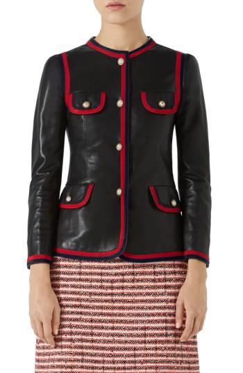 Women's Gucci Ribbon Trim Nappa Leather Jacket Us / 36 It - Black