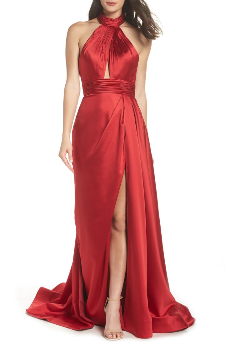 Women's Mac Duggal Crossover Halter Neck Satin Gown