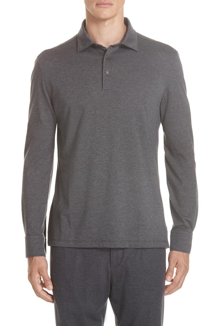Men's Ermenegildo Zegna Wool & Cotton Long Sleeve Polo Shirt Us / 54 Eu - Grey