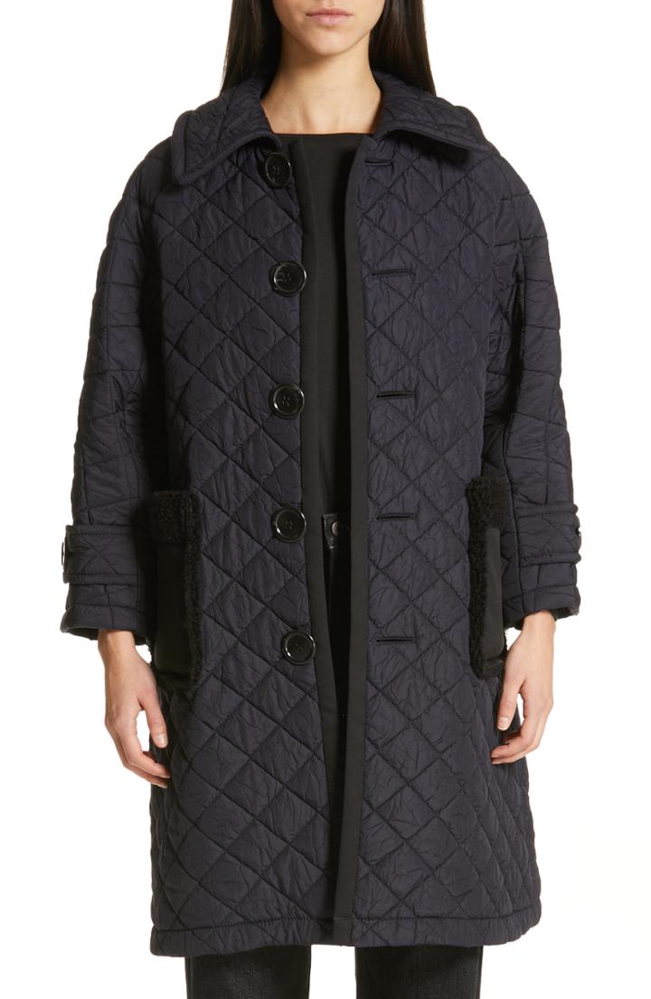 Women's Tricot Comme Des Garcons Quilted Coat With Faux Fur Trim - Blue