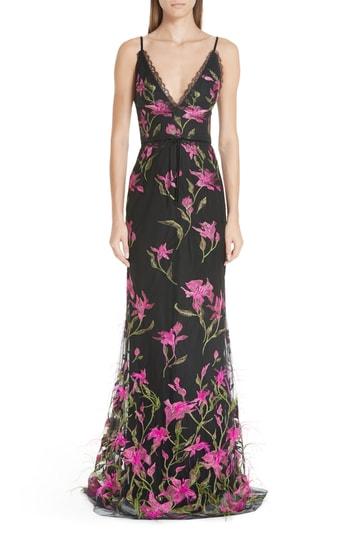 Women's Marchesa Notte Embroidered Lace & Feather Trim Gown - Black
