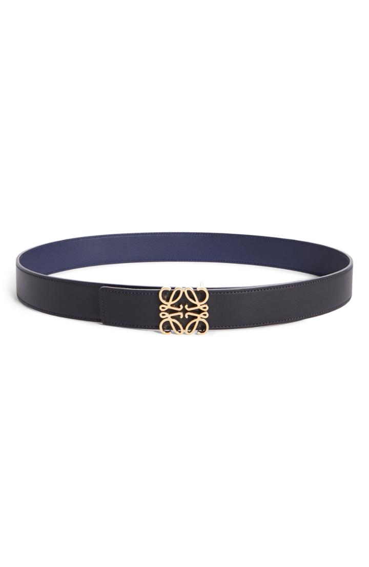 Women's Loewe Anagram Logo Calfskin Leather Belt - Black/ Gold/ Navy