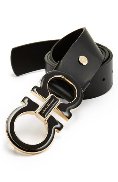 Men's Salvatore Ferragamo Double Gancio Leather Belt - Black/ Gold