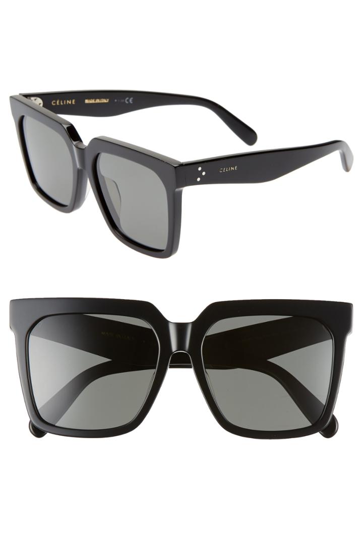 Women's Celine 55mm Polarized Square Sunglasses - Shiny Black/ Smoke