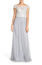 Women's Hayley Paige Occasions Cap Sleeve Metallic Lace & Tulle Gown