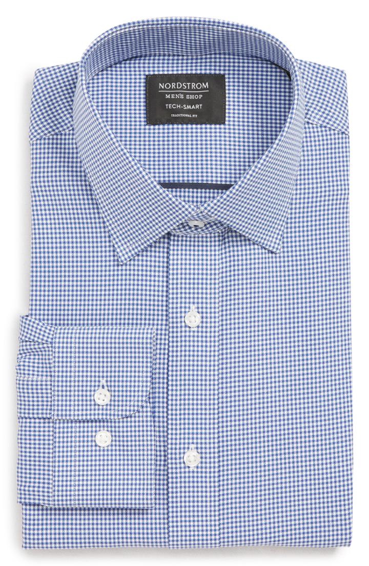 Men's Nordstrom Men's Shop Tech-smart Traditional Fit Stretch Check Dress Shirt - 32/33 - Blue