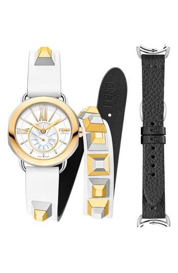 Women's Fendi Selleria Round Leather Strap Watch Set, 36mm