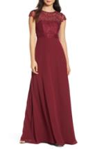 Women's Hayley Paige Occasions Lace Bodice Chiffon Evening Dress - Burgundy