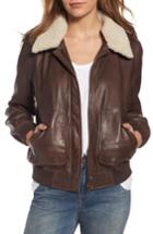 Women's Treasure & Bond Leather Aviator Jacket With Removable Genuine Shearling Collar - Brown