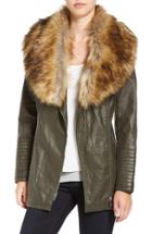 Women's Love Token Faux Leather Jacket With Faux Fur Collar - Green