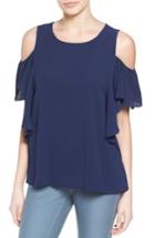 Petite Women's Bobeau Cold Shoulder Ruffle Sleeve Top, Size P - Blue