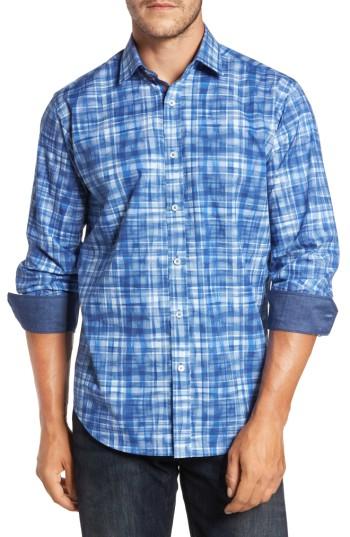 Men's Bugatchi Classic Fit Abstract Plaid Sport Shirt - Blue