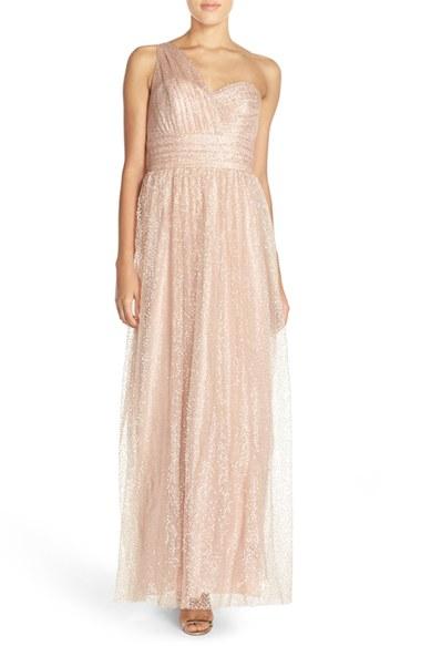 Women's Watters 'lori' One-shoulder Sequin Tulle Gown - Pink