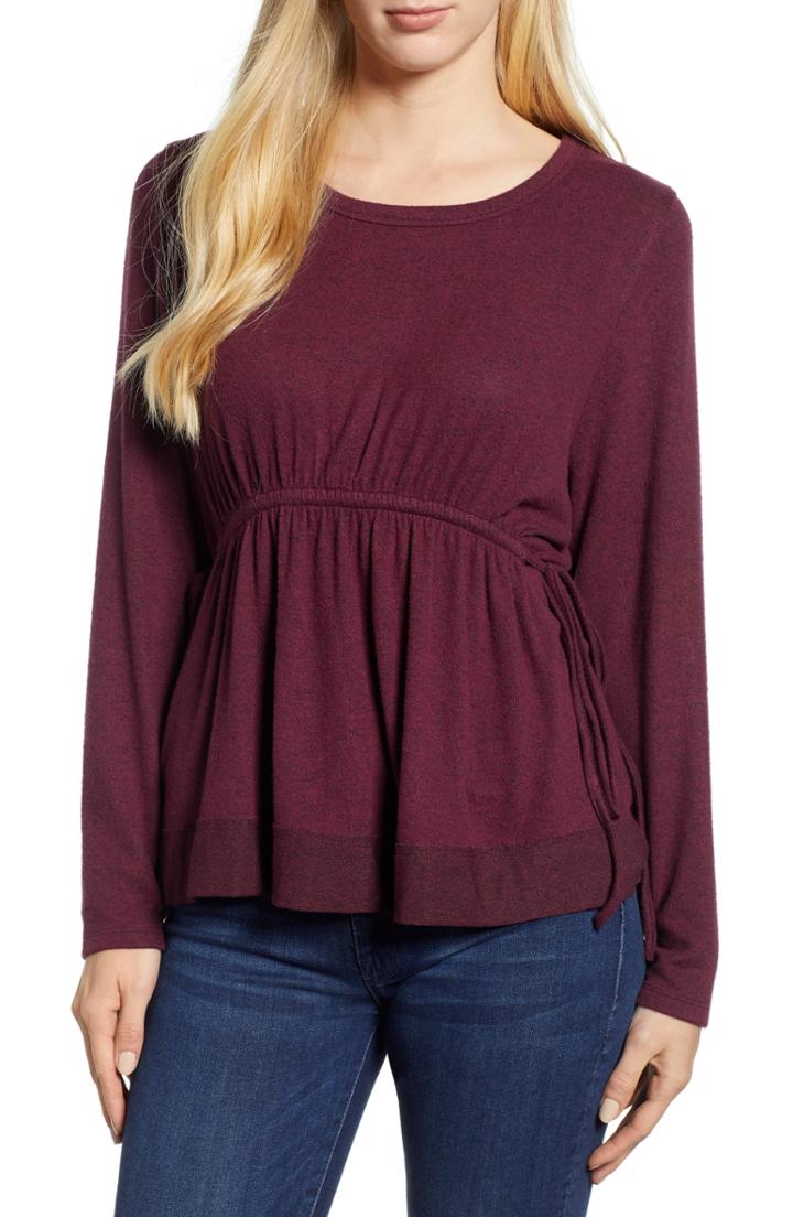 Women's Caslon Cozy Tie Waist Peplum Top Regular - Burgundy