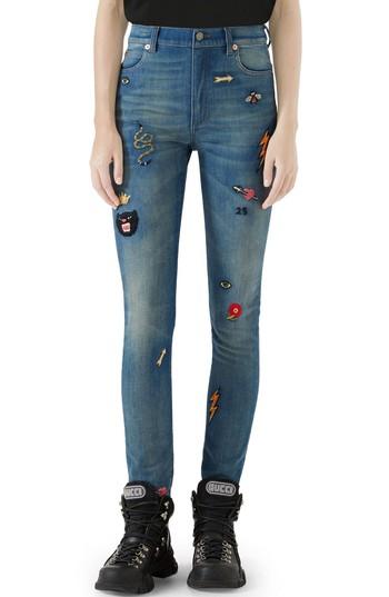 Women's Gucci Patch Embellished Skinny Jeans - Blue