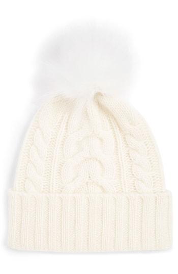 Women's Halogen Cashmere Cable Knit Beanie With Faux Fur Pom - Ivory