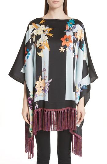 Women's Etro Fringe Trim Floral Stretch Silk Poncho, Size - Black
